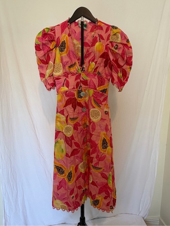 FARM Rio Dresses & Skirts - Farm Rio Pink Tropical Fruit Print Linen Blend Midi Dress XS Puff Sleeve READ